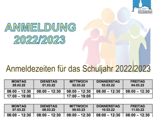 Anmeldezeiten für das Schuljahr 2022/23