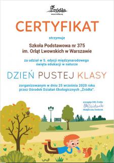 Certyfikat udziału w akcji edukacja w naturze