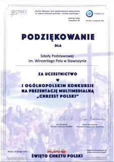 Podziękowanie za udział w konkursie "Chrzest Polski"